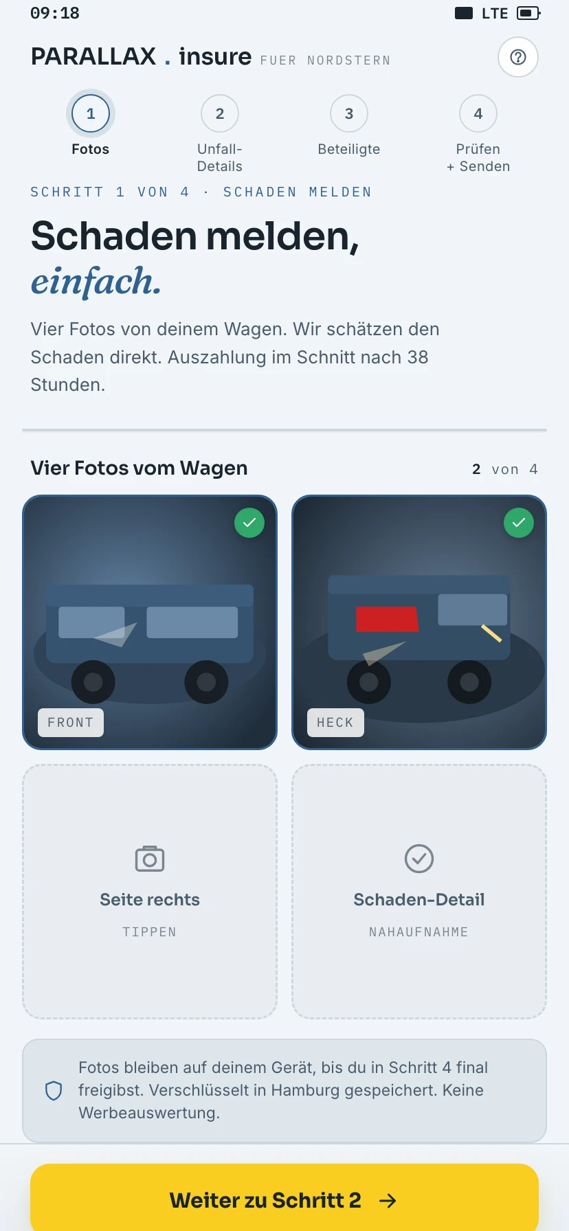 PARALLAX Handy-App: Schaden melden, Schritt 1 mit vier Foto-Feldern