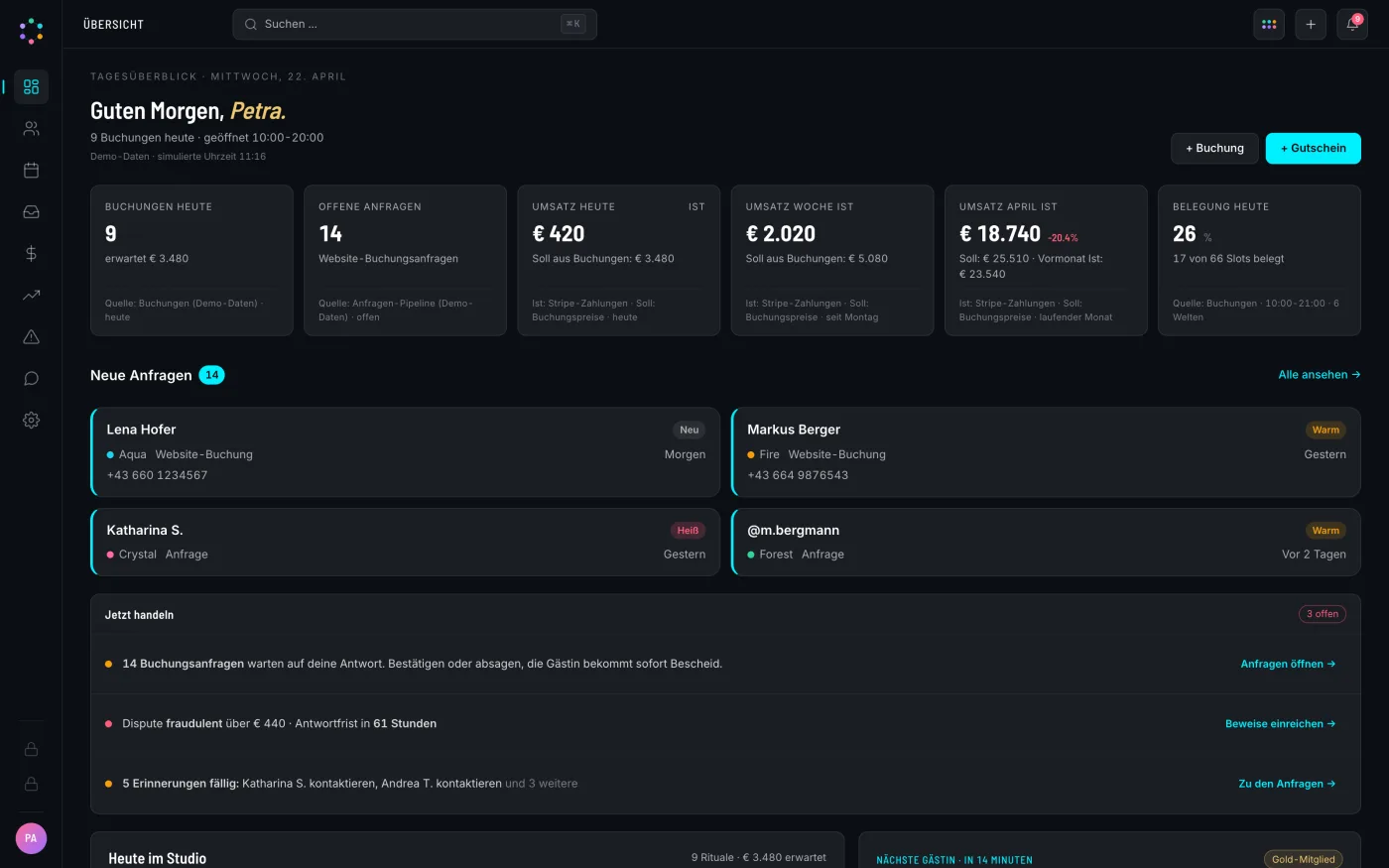 CRM-Dashboard mit Tagesüberblick: Buchungen, Anfragen, Umsatz und Aufgaben