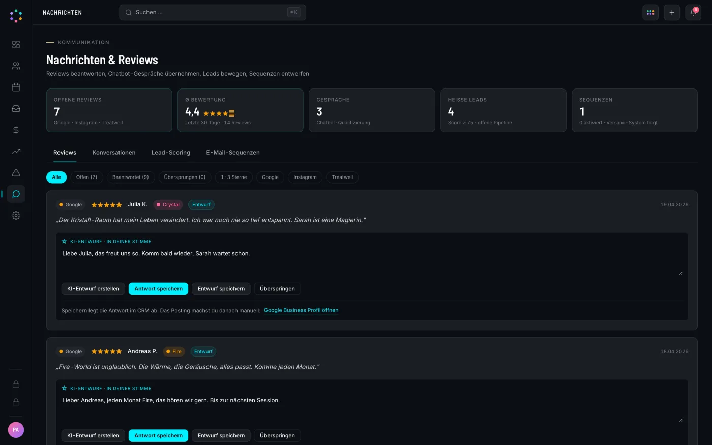 Nachrichten-Ansicht mit Reviews, KI-Antwortentwurf und Lead-Scoring