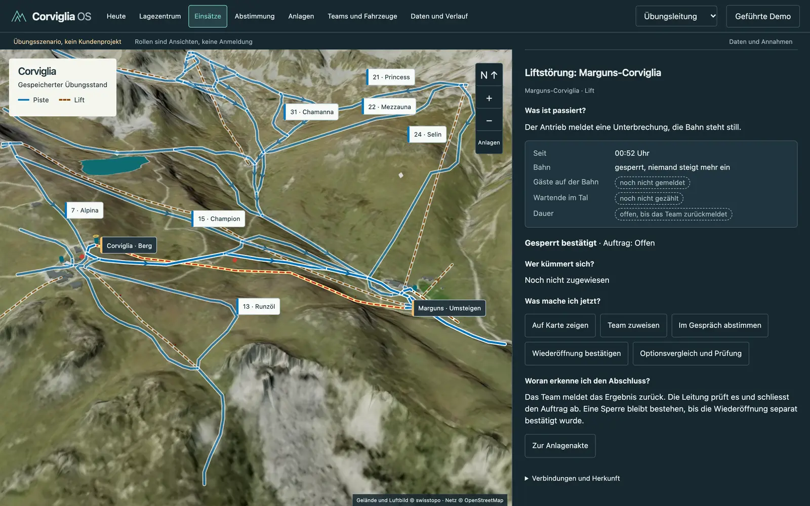 Die Software im Zustand der ersten Aufgabe: die Karte von Corviglia mit dem stehenden Sessel nach Marguns, rechts die Störung mit bestätigter Sperre, offenem Auftrag und den nächsten Schritten.